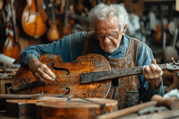 A musician crafting handmade instruments, combining skill with a love for music. Concept of...