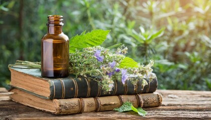 old books with medical plants and pharmacy bottle