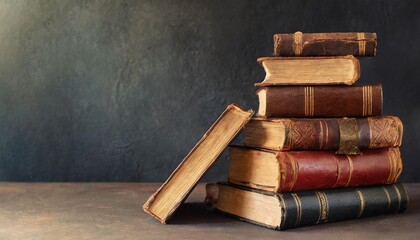 literature reading concept banner or header image with stack of antique leather bound books against...