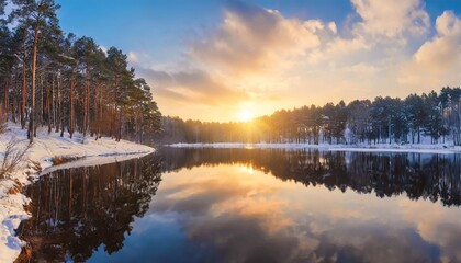 beautiful landscape of a forest lake with the reflection of the forest in the water sunset in the winter season