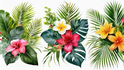set tropical vector flowers card with floral illustration bouquet of flowers with exotic leaf isolated on white background composition for invitation to party or holiday