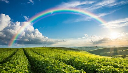 beautiful green filend and blue sky with rainbow