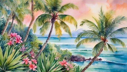 Fototapeta na wymiar lush tropical plants and graceful palm trees ocean landscape soothing palette of delicate pastel hues painted in watercolour illustration