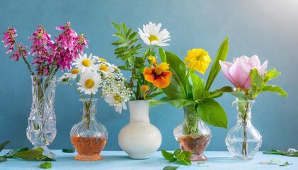 small vases with beautiful spring flowers and leaves on a light blue background
