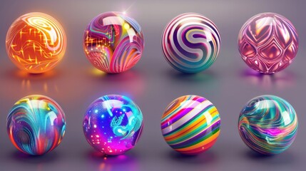 Glossy and colorful abstract globes with various inner spherical patterns