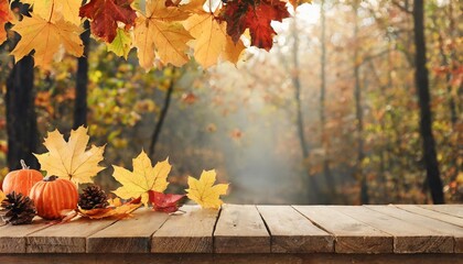 Naklejka na ściany i meble creative autumn composition with maple leaves and empty wooden table for product showcase minimal autumn concept screen banner happy thanksgiving and greeting card
