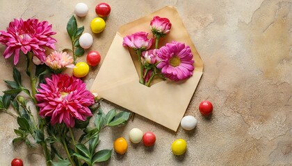 beautiful flowers with envelope and candies on beige grunge background