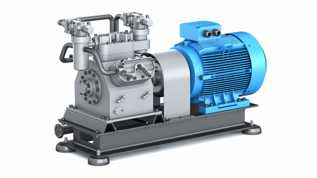 Industrial high pressure compressor with powerful motor and pipes. Gas pumping equipment on a white background. 3d illustration