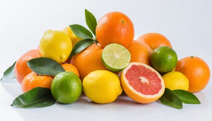 a bounty of fresh citrus fruits isolated on white background