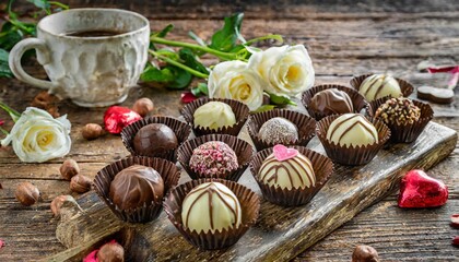 Obraz na płótnie Canvas dark milk and white chocolate candies pralines truffles assorted on wooden table dessert for valentine s day