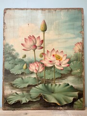 Vintage Lotus Pond: Enchanting Nature Wall Art of a Floating Scene in Time