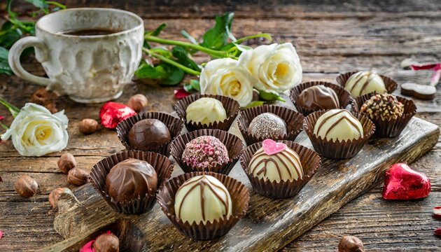 dark milk and white chocolate candies pralines truffles assorted on wooden table dessert for valentine s day