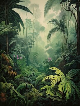 Vintage Jungle Canopy: Misty Rainforest Print - Tropical Nature Art © Michael