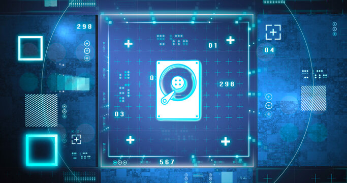 HDD icon, data,complex 3d rendering, tecnology background