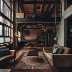 Modern Loft Apartment Interior with Spacious Design - obrazy, fototapety, plakaty