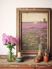 Vintage Landscape of Blooming Lilac Fields: Spring Meadow Print for Delicate Rustic Decor