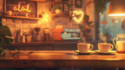 A cozy café scene with warm lighting and steaming cups of coffee, perfect for illustrating relaxation and community