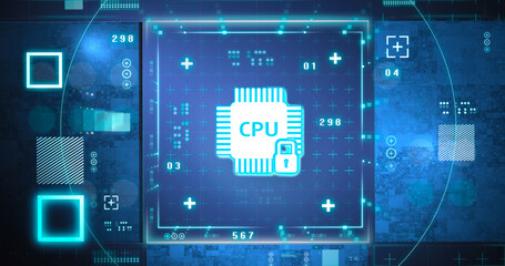CPU protection, virus protection, complex 3d rendering, tecnology background