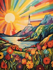 Obraz na płótnie Canvas Vintage Lighthouse Landscape: Rolling Hills Art, Scenic Prints