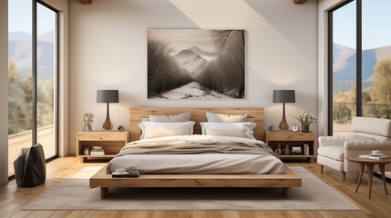 Fototapeta na wymiar Symmetrical Minimalist Bedroom