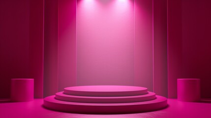 A sleek, minimalist stage with a spacious purple platform lit by studio lights. It exudes elegance and sophistication.