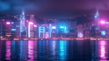 Fototapeta na wymiar Futuristic network neon cityscape at night background in Hong Kong, illustrating the concept of Metaverse cryptocurrency technology