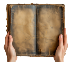 Hands holding an open antique book