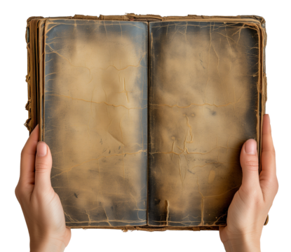 Hands holding an open antique book