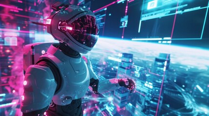 Metaverse VR gaming in cyberpunk style, digital AI, global network, and communication tech. Metaverse, IoT, 5G, internet business on Earth