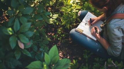 A candid image of a person journaling outdoors, embracing nature as a backdrop for reflection and growth - obrazy, fototapety, plakaty