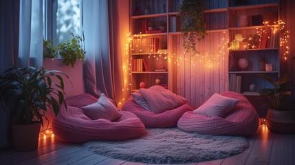 A cozy reading nook nestled in a corner, complete with pink bean bags and fairy lights for a cozy retreat - 732789526