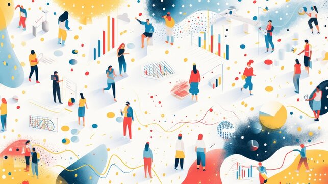 People engage with charts, analyzing statistics in a data visualization concept. 3D isometric vector illustration