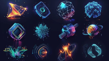 Abstract 3D techno icons set, depicted in vector illustration