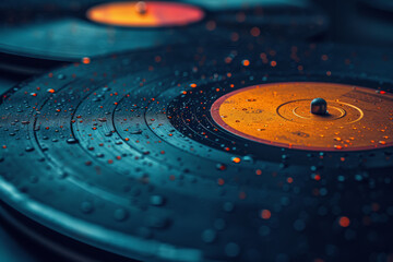 An image of a vinyl record collection, edited to enhance scratches and light leaks for authenticity. Concept of music appreciation in retro style. Generative Ai.
