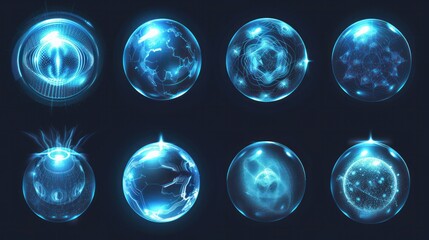 Abstract vector set featuring spherical shields representing energy protection. These spheres symbolize force field defense globes and dome barrier technology, providing a visual representation - obrazy, fototapety, plakaty