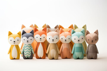 An adorable isolated lineup of pastel-colored plush foxes stands against a white background, showcasing a variety of playful patterns and soft hues.
