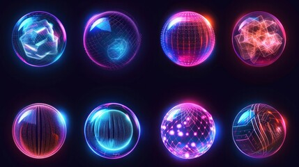 Abstract vector set featuring spherical shields representing energy protection. These spheres symbolize force field defense globes and dome barrier technology, providing a visual representation