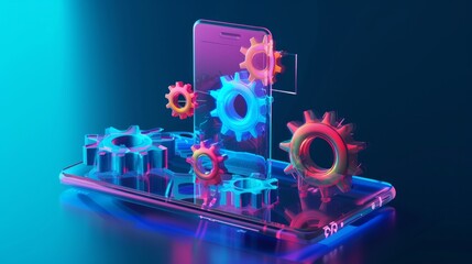 The 3D vector concept depicts a system update, featuring a glass morphism gear suitable for mobile app design - obrazy, fototapety, plakaty