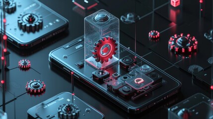 The 3D vector concept depicts a system update, featuring a glass morphism gear suitable for mobile app design