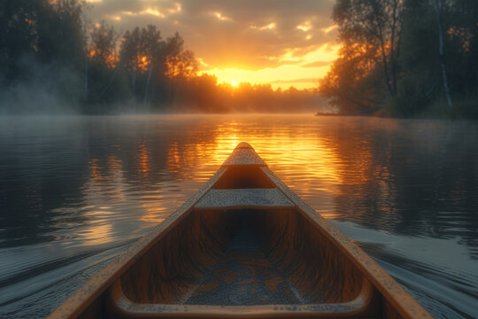 An image of a canoe gliding peacefully through a mist-covered lake at sunrise, capturing the tranquility and connection with nature during a morning paddle. Generative Ai.