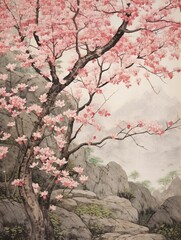 Vintage Cascading Cherry Blossom Painting - Botanical Wall Art Print with Meadow Landscape