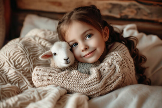 A smiling young girl with a lamb in a warm knit creates an image of happiness and nurturing, perfect for family-oriented content and cute and lovely friendships .