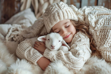 Wrapped in a chunky knit, the girl and her baby lamb share a sweet embrace, symbolizing comfort and a gentle companionship.