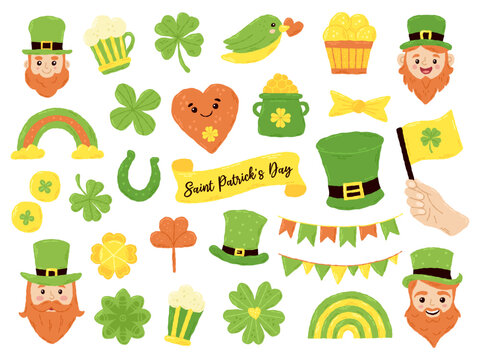 Festive set for St. Patrick's Day: clover, ireland, shamrock, beer, flag, leprechaun, gnome. Hand drawn flat cartoon elements. Vector illustration