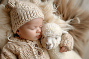A sleeping infant, snug in a beige knit outfit and hat, cuddles with a baby alpaca, evoking a sense of peaceful innocence.