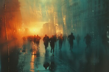 Amidst the glistening rain and glowing streetlights, a group of individuals are seen dashing through the wet streets, their reflections mirroring their determination to conquer the elements
