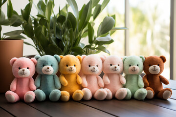 A sequence of plush teddy bears in various pastel colors are displayed on a wood plant surface, accompanied by houseplants, offering a homely and nurturing vibe.