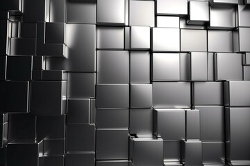 Luxurious tiled wall background with polished silver blocks. 3D rendered rectangular tile wallpaper. Generative AI - obrazy, fototapety, plakaty