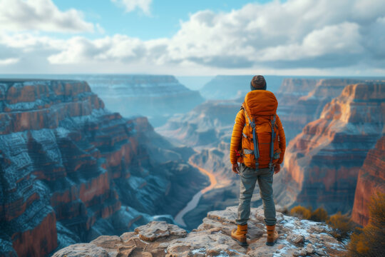 An image of a traveler standing on the edge of a vast canyon, taking in the breathtaking panoramic view and illustrating the awe-inspiring beauty of expansive landscapes. Generative Ai.