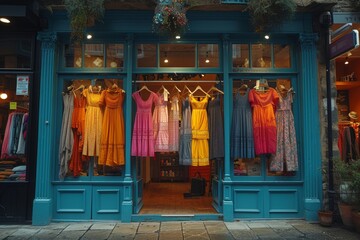 Amidst the bustling city street, a quaint dress shop stands with elegant gowns adorning its window display, inviting passersby to step inside and indulge in a world of fashion and beauty